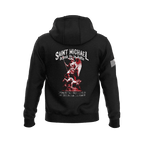 Black hoodie featuring a Saint Michael back graphic, with an American flag on the sleeve.