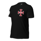 Black t-shirt angled right, featuring a red and white "DEUS VULT" cross design