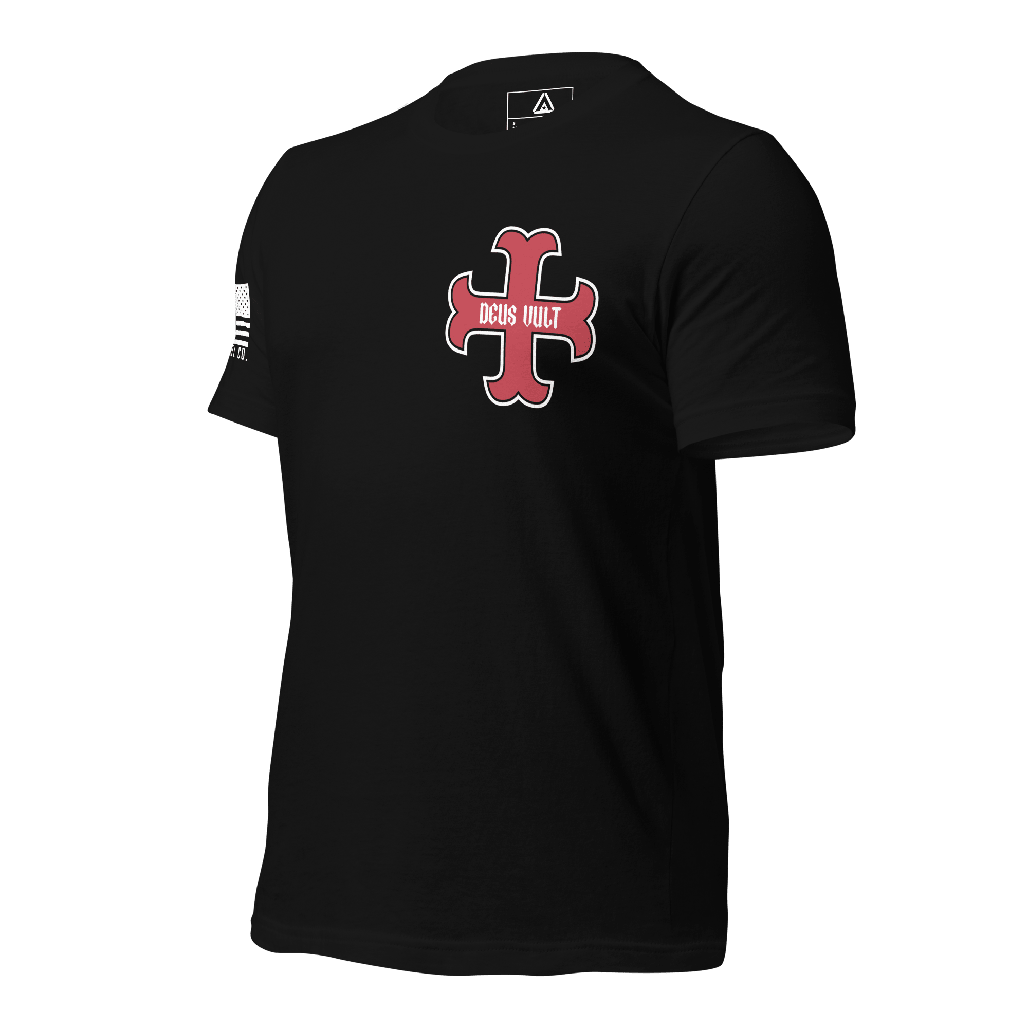 Black t-shirt angled right, featuring a red and white "DEUS VULT" cross design