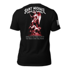 Black t-shirt back, featuring red and white Saint Michael graphic and white American flag on the right sleeve.