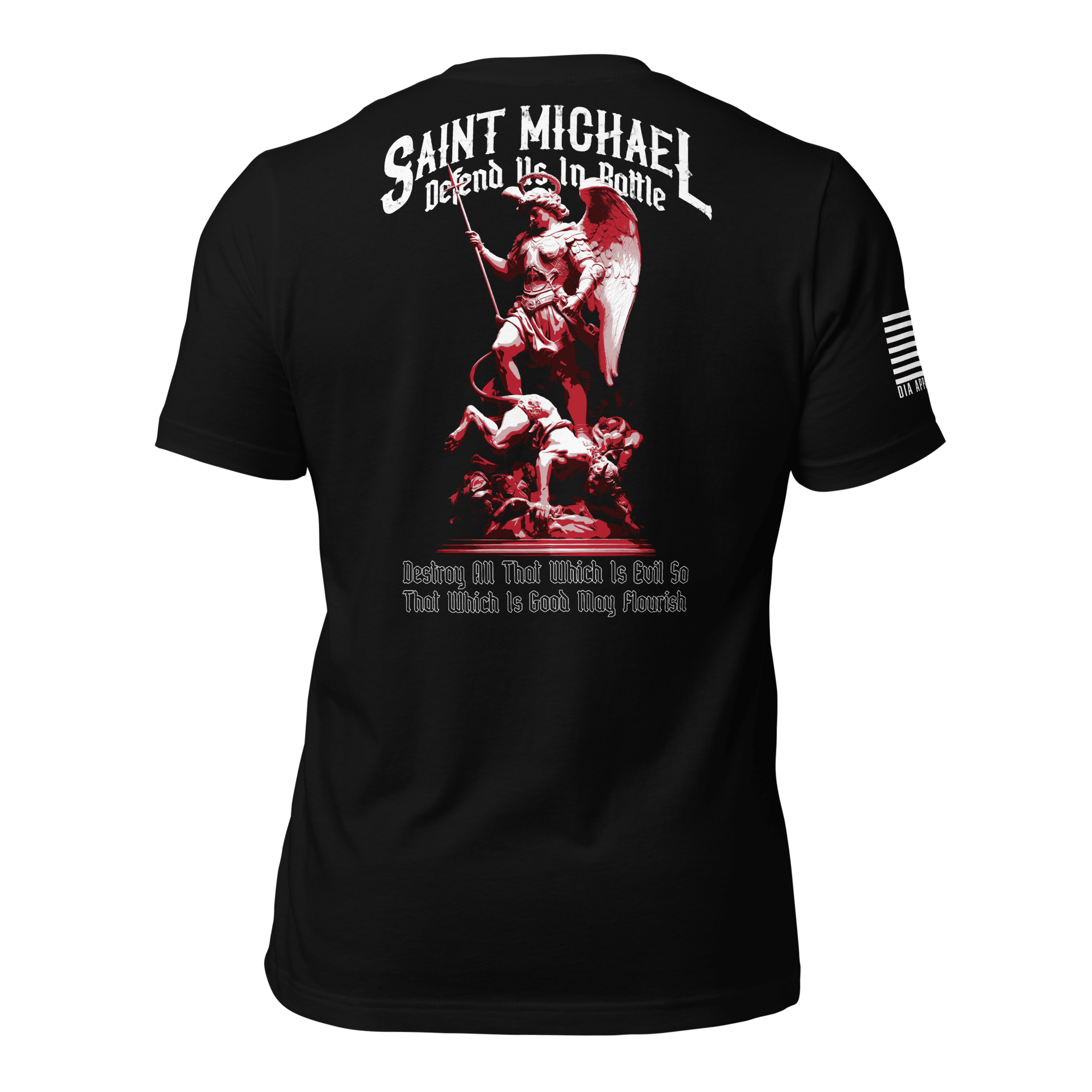 Black t-shirt back, featuring red and white Saint Michael graphic and white American flag on the right sleeve.