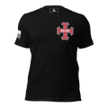 Black t-shirt front view, featuring a red and white "DEUS VULT" cross emblem and white American flag on the sleeve.
