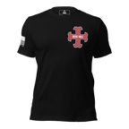Black t-shirt front view, featuring a red and white "DEUS VULT" cross emblem and white American flag on the sleeve.