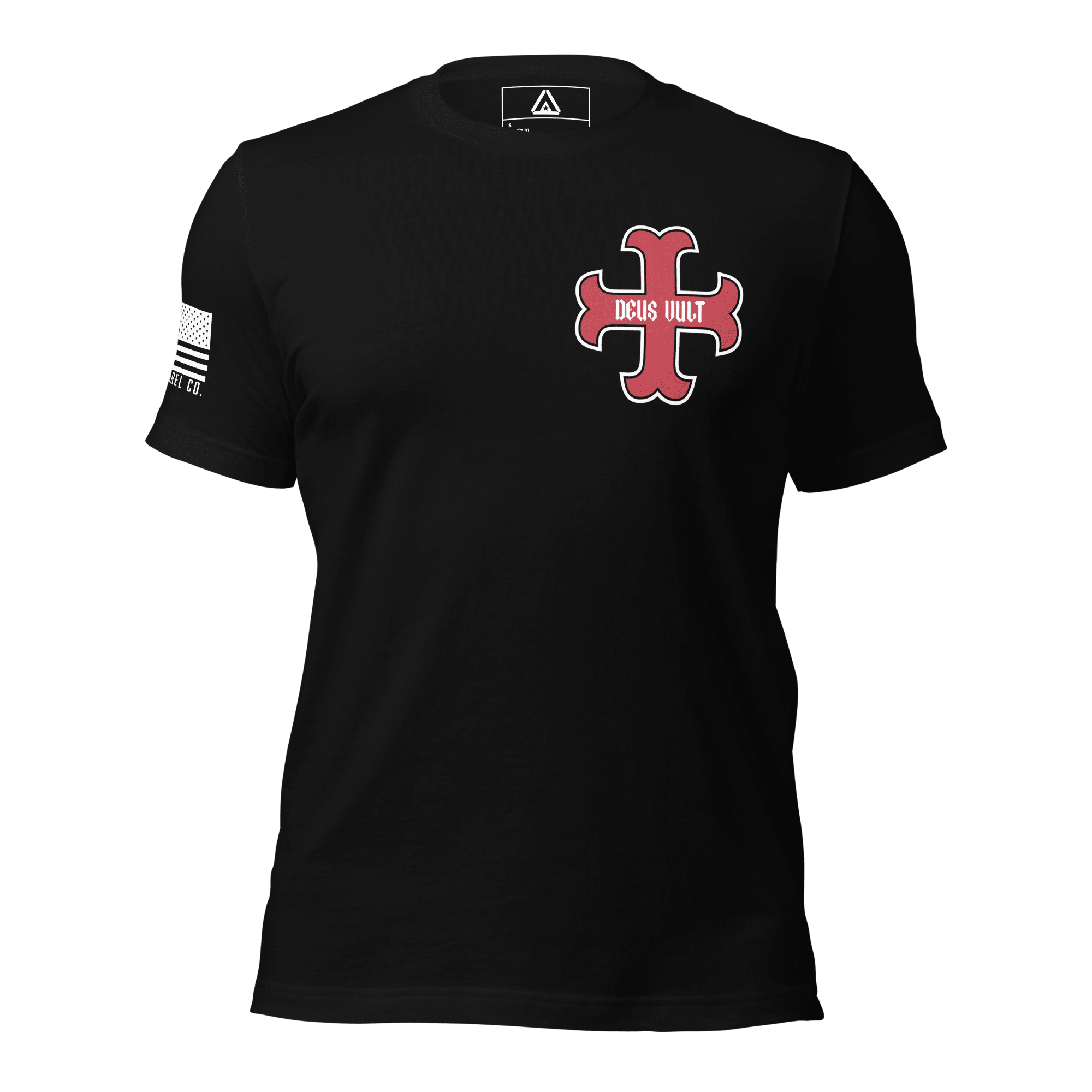 Black t-shirt front view, featuring a red and white "DEUS VULT" cross emblem and white American flag on the sleeve.