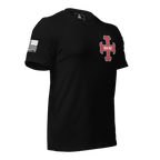 Black t-shirt angled left, featuring a red and white "DEUS VULT" cross emblem and white American flag on the sleeve.
