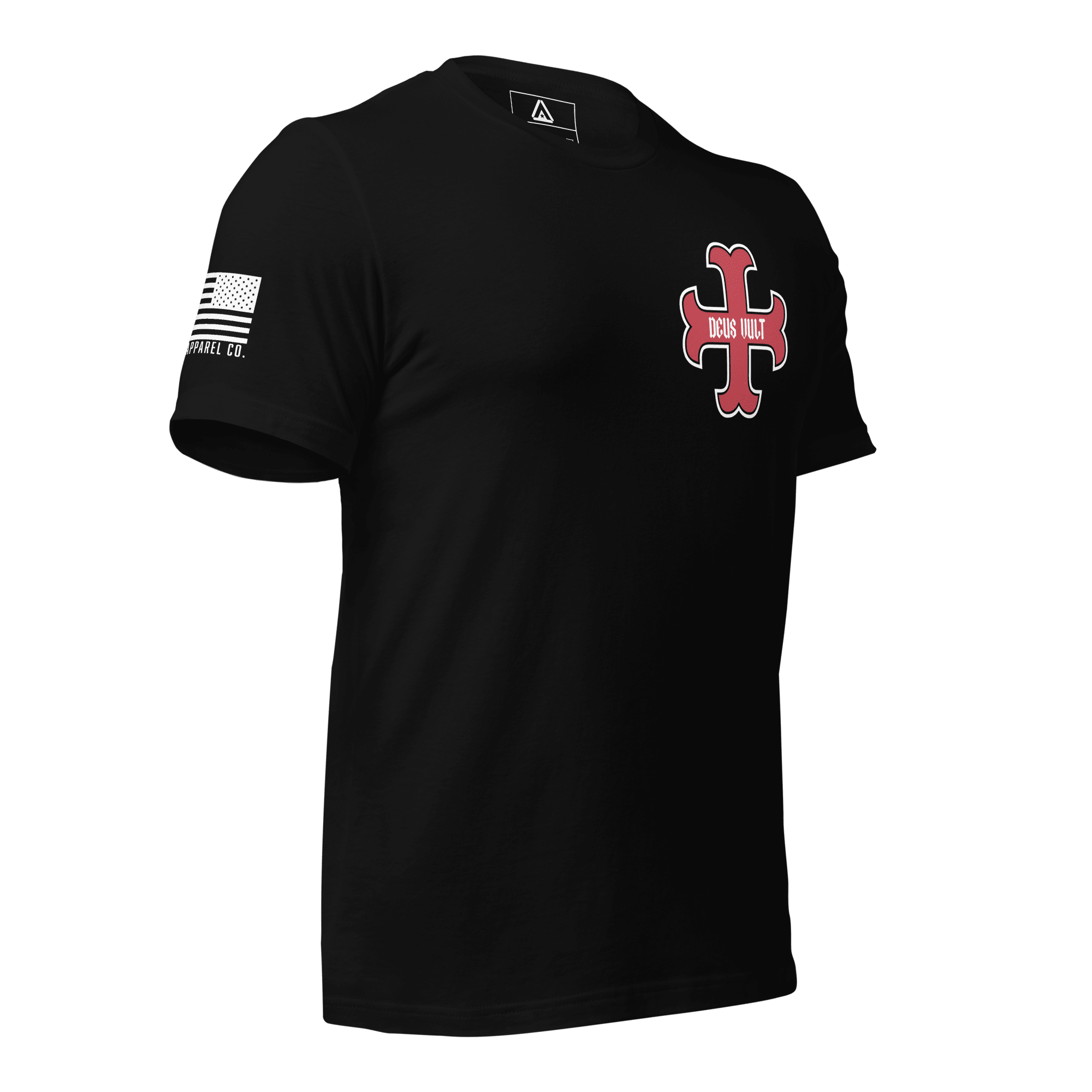 Black t-shirt angled left, featuring a red and white "DEUS VULT" cross emblem and white American flag on the sleeve.