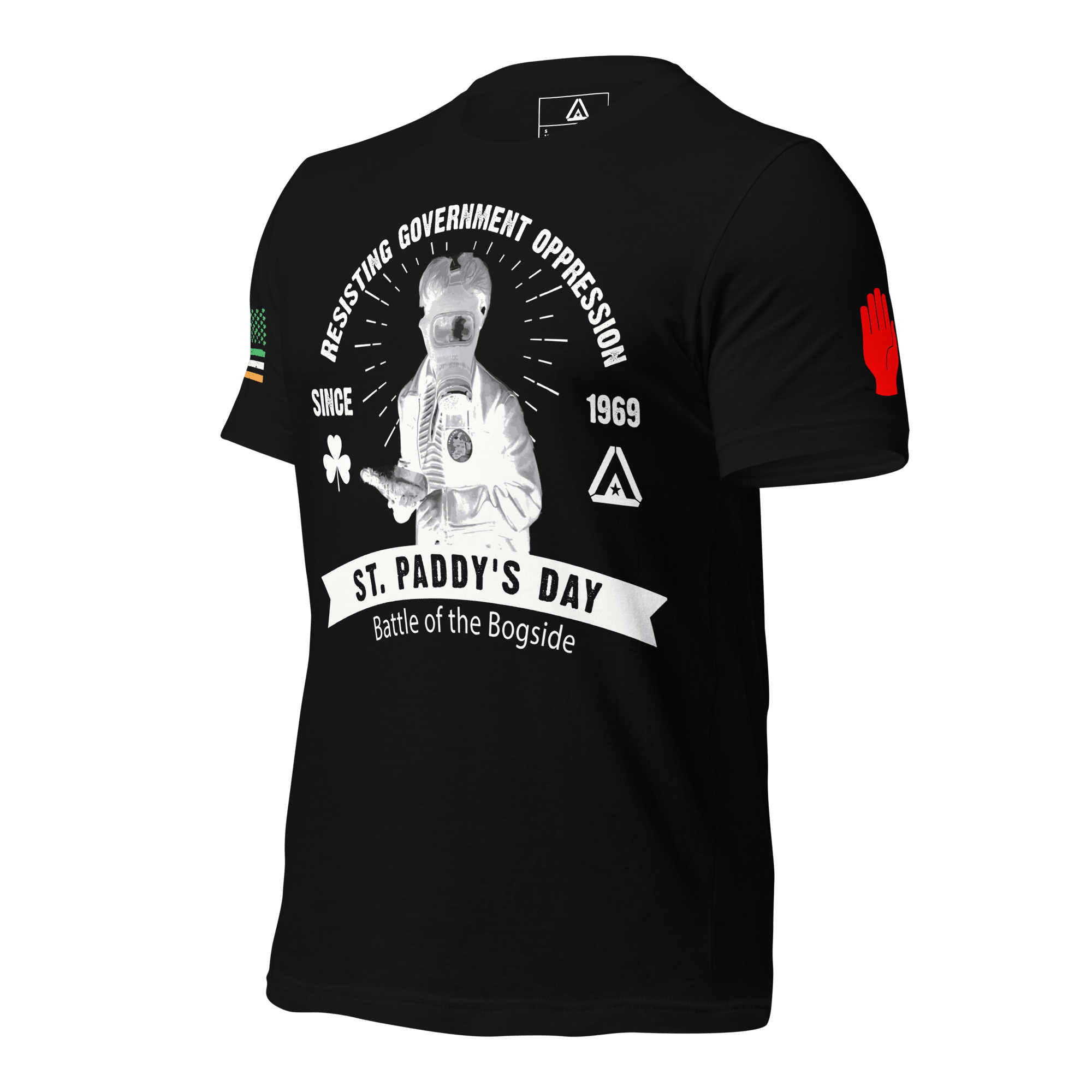 Black T-shirt, angled right with red hand emblem on left sleeve and gas mask “St. Paddy’s Day Bogside 1969” graphic