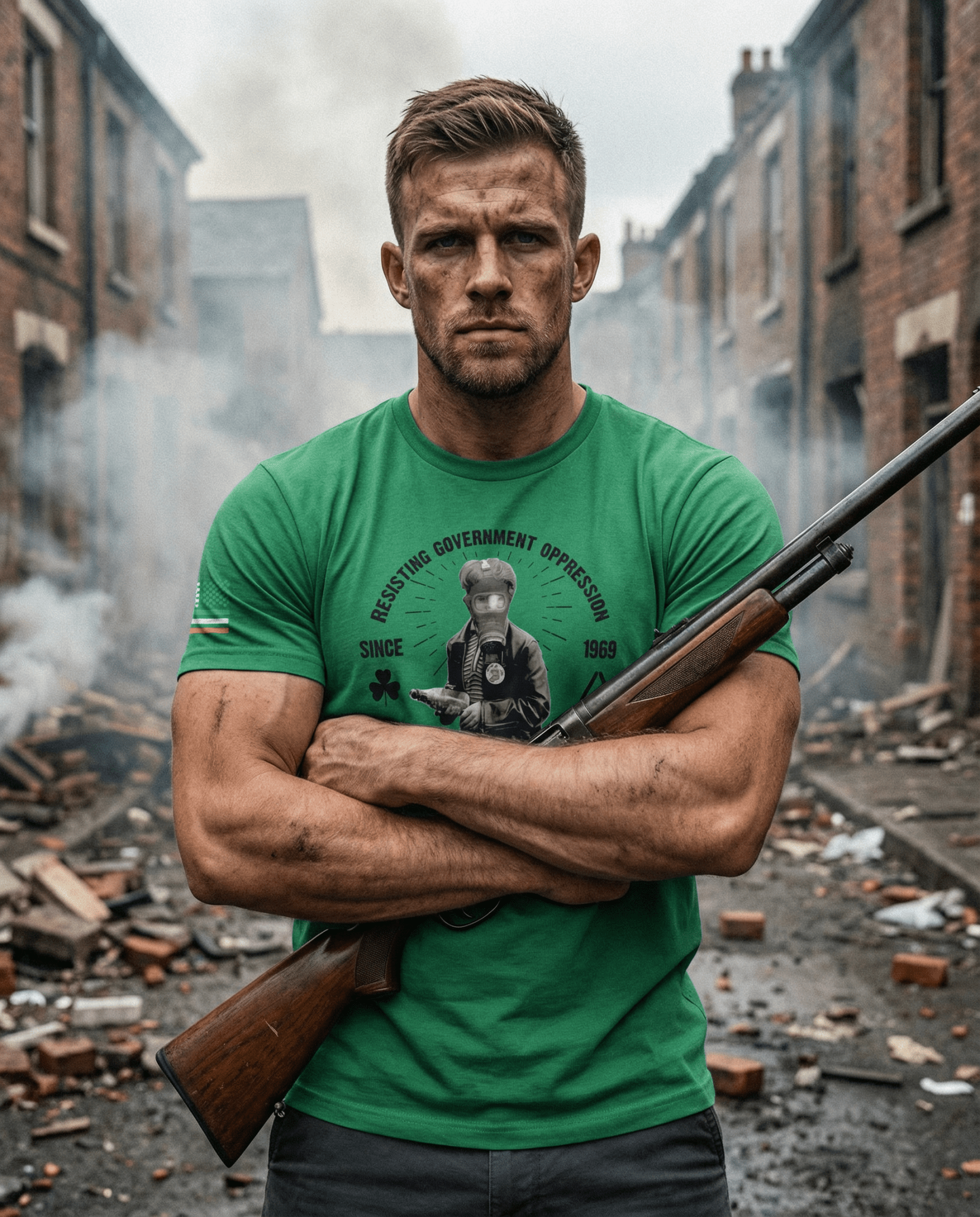 Man in green "Resisting Government Oppression" t-shirt with gas mask graphic, holding a rifle in a destroyed street.