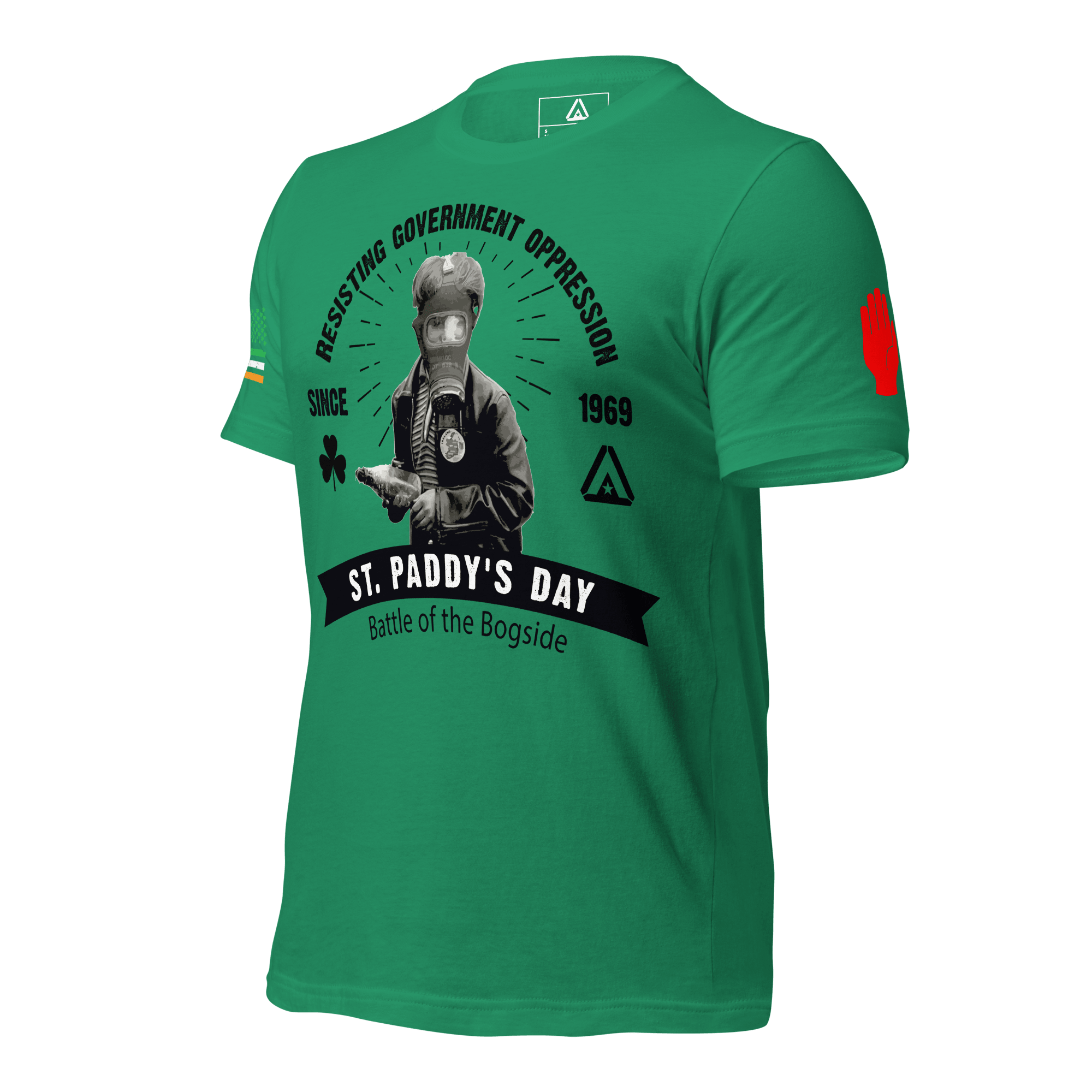 Kelly green t-shirt angled right, featuring "Resisting Government Oppression" text, gas mask graphic, and red hand on sleeve.