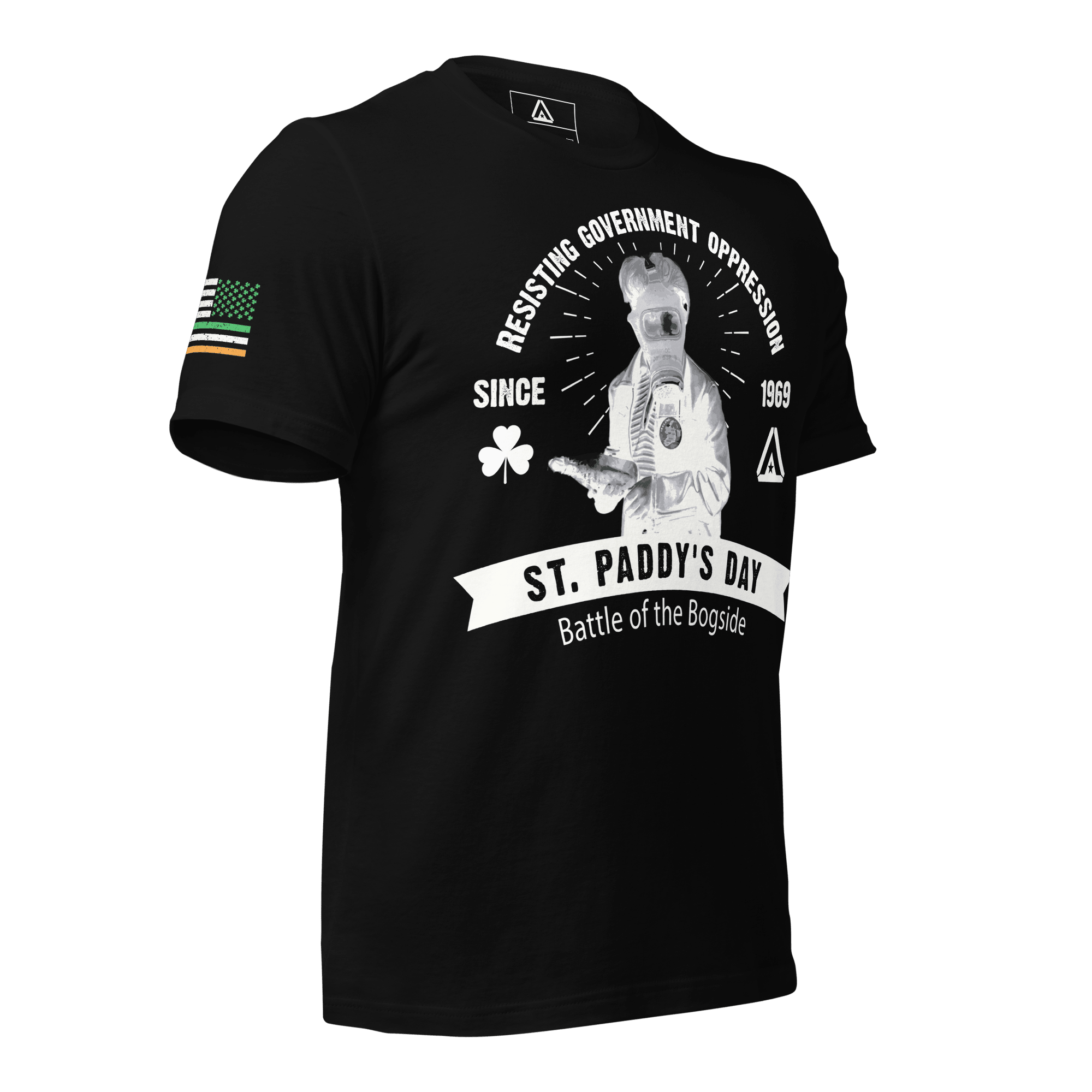 Black T-shirt, left angle, Irish flag sleeve graphic and gas mask “St. Paddy’s Day Bogside 1969” design