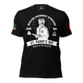 Black t-shirt featuring "Resisting Government Oppression" text, gas mask graphic, and Irish colored American flag sleeve.