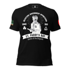 Black t-shirt featuring "Resisting Government Oppression" text, gas mask graphic, and Irish colored American flag sleeve.