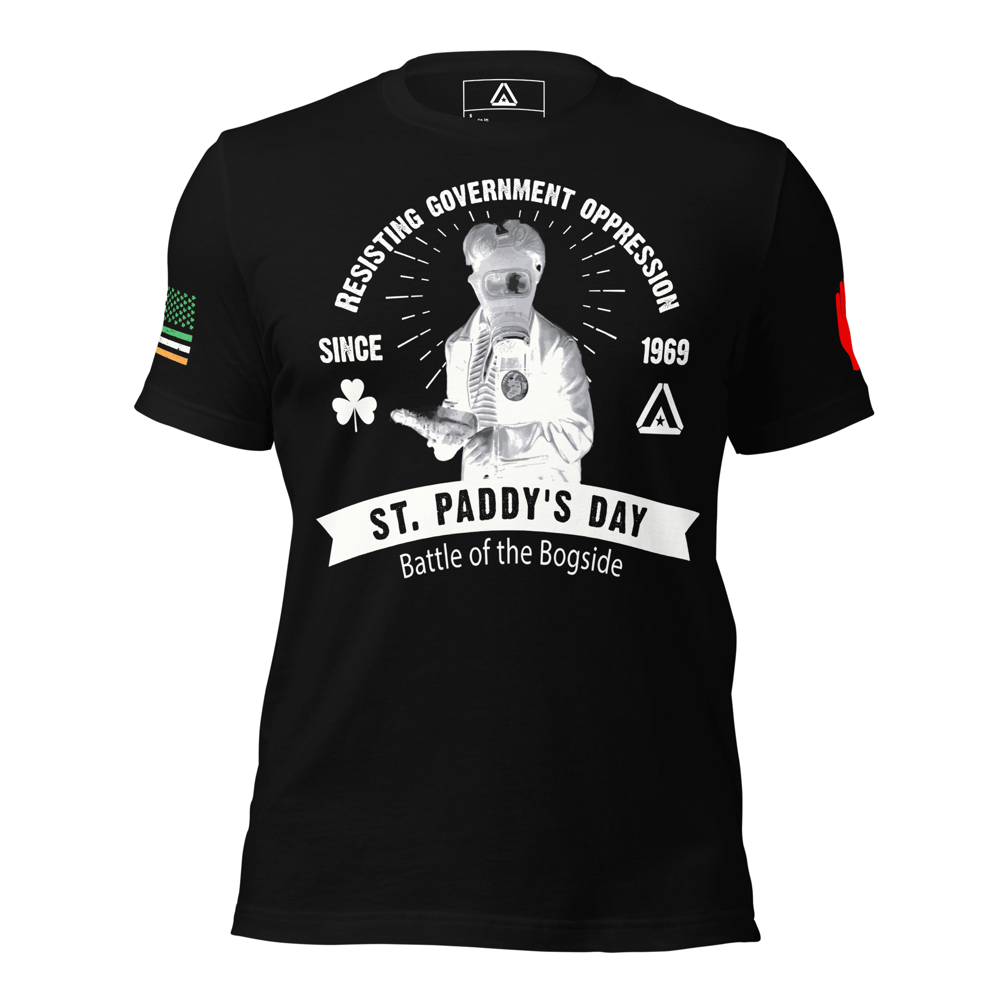 Black t-shirt featuring "Resisting Government Oppression" text, gas mask graphic, and Irish colored American flag sleeve.