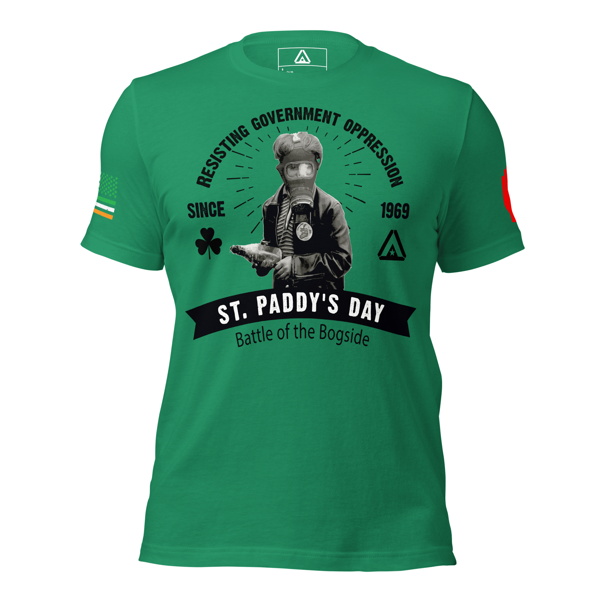 Kelly green t-shirt front view, featuring a gas mask graphic with "Resisting Government Oppression" text.