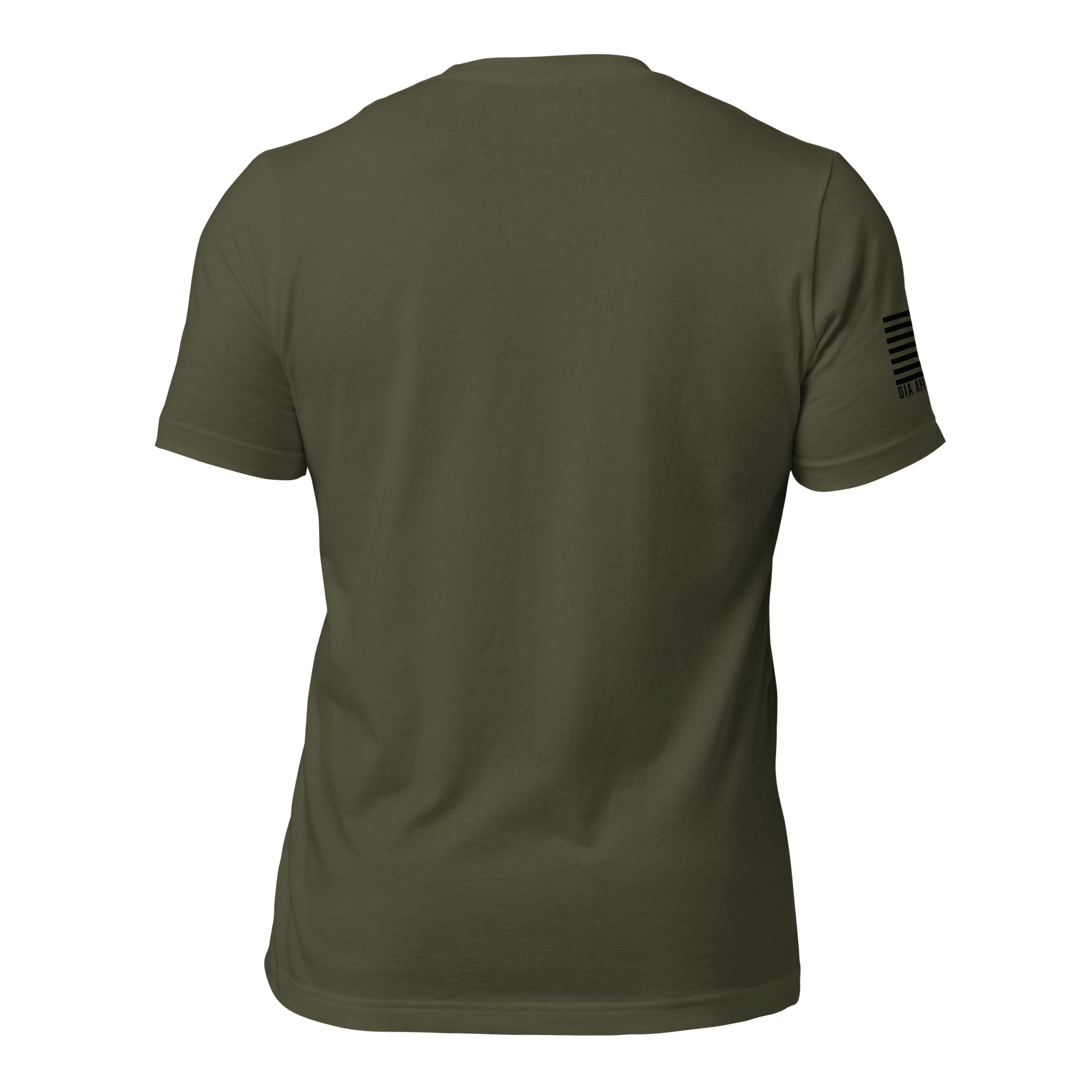 Back view of military green shirt with black American flag and "DIA APPAREL CO." text on the right sleeve.