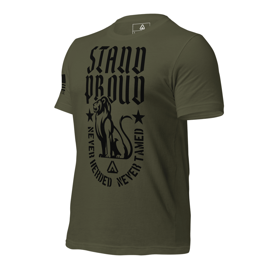 Military green shirt angled right, "STAND PROUD" lion graphic, "NEVER HERDED" text, DIA logo, and American flag on sleeve.