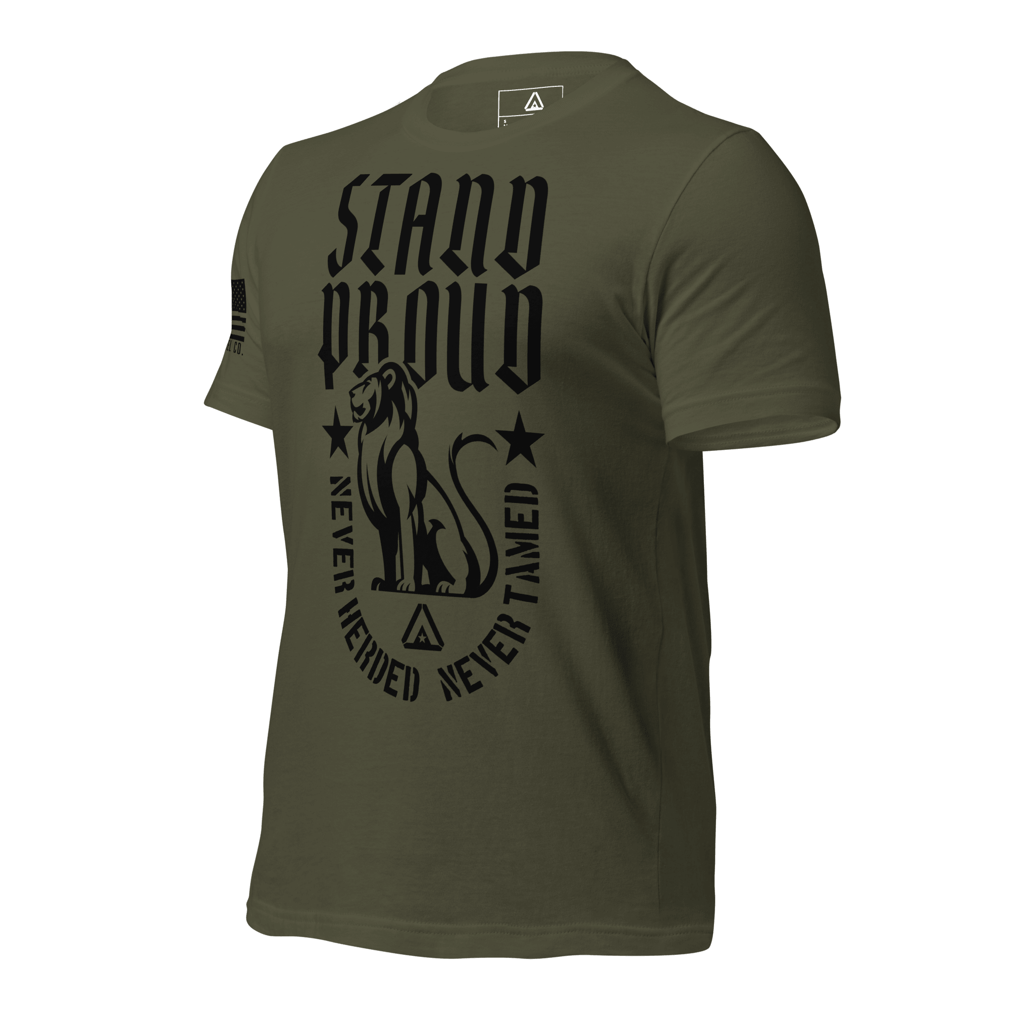 Military green shirt angled right, "STAND PROUD" lion graphic, "NEVER HERDED" text, DIA logo, and American flag on sleeve.
