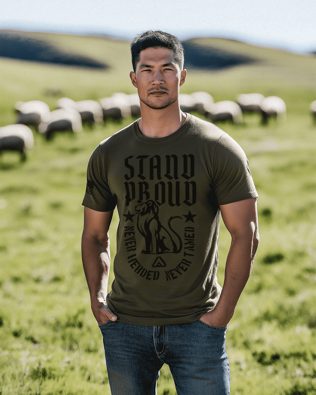 Man in a grassy field with sheep wearing a military green STAND PROUD lion shirt with a DIA logo.