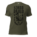 Military green shirt, "STAND PROUD" lion graphic, "NEVER HERDED" text, DIA logo, and American flag on sleeve.