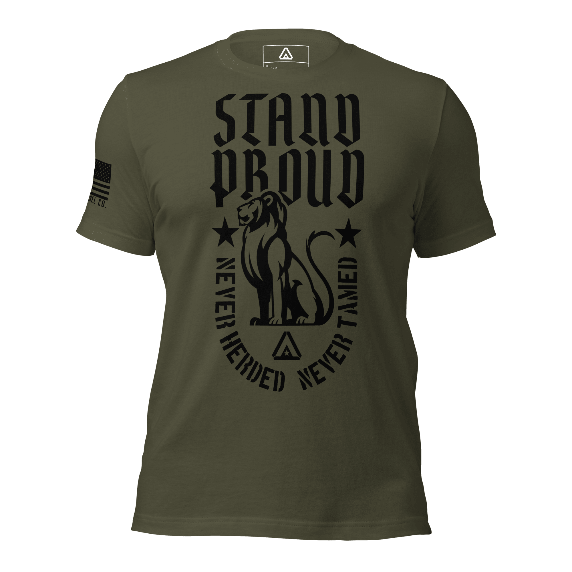Military green shirt, "STAND PROUD" lion graphic, "NEVER HERDED" text, DIA logo, and American flag on sleeve.
