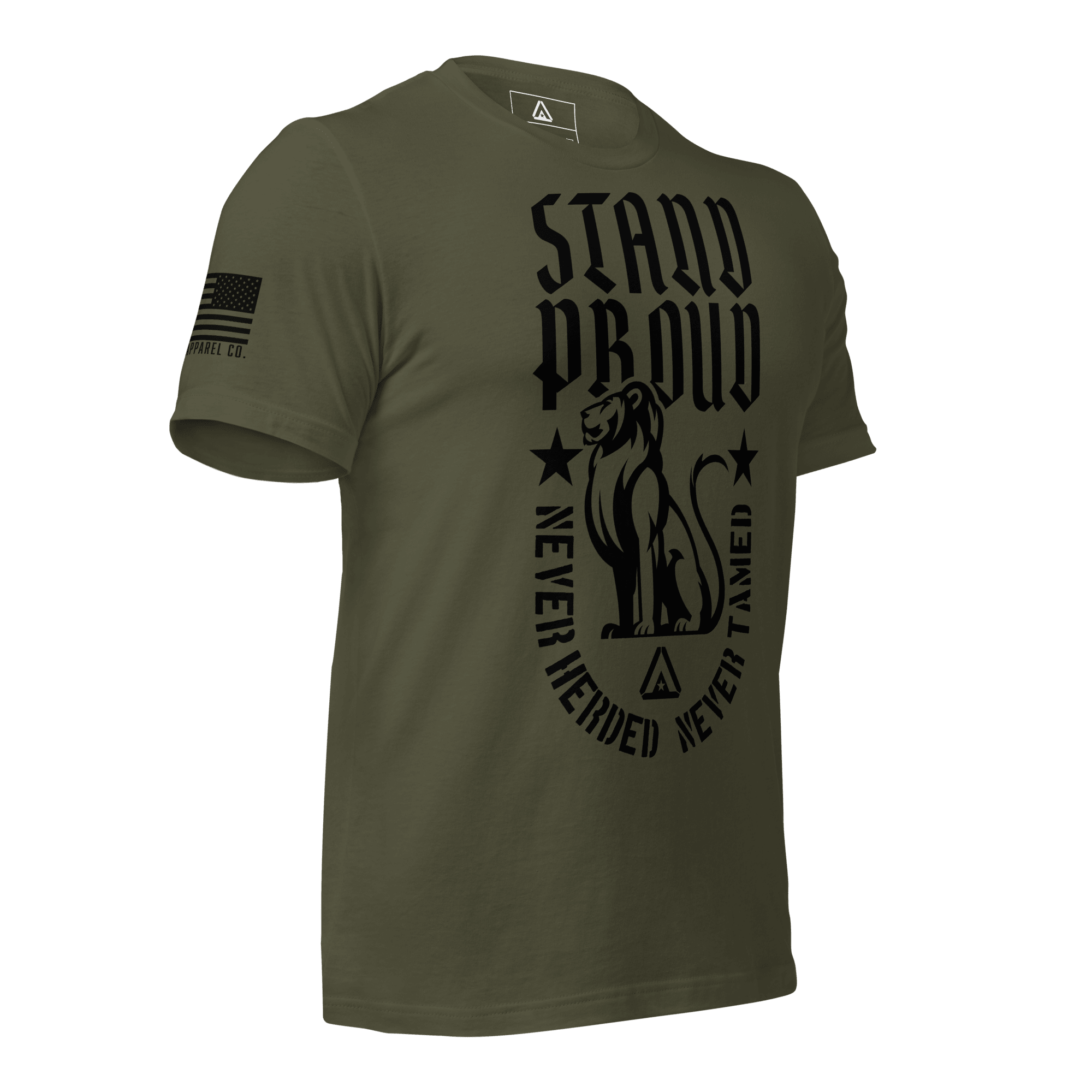 Green shirt angled left, STAND PROUD lion graphic, NEVER HERDED text, DIA logo, and American flag on sleeve.