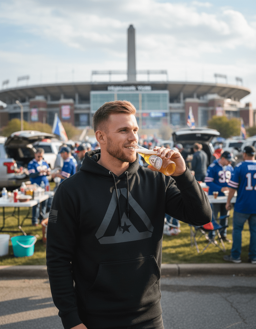 A man with a short, styled haircut and beard is smiling while drinking from a glass bottle at an outdoor tailgate party. He is standing in a crowded parking lot with a large stadium and a tall monument visible in the background. He is wearing a black hoodie featuring a large, tonal grey DIA logo on the chest and a subtle black American flag graphic on the right sleeve.