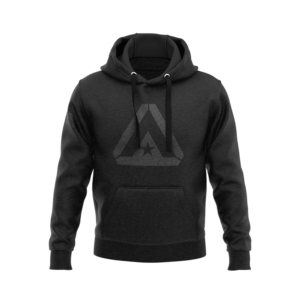Black hoodie shown from a front-facing angle, featuring a large, tonal grey DIA logo centered on the chest. A dark, subtle American flag graphic is visible on the right sleeve. The garment includes a front kangaroo pocket and matching black drawstrings.