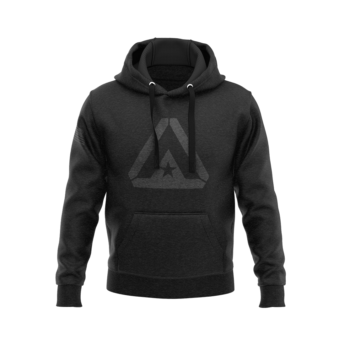 Black hoodie shown from a front-facing angle, featuring a large, tonal grey DIA logo centered on the chest. A dark, subtle American flag graphic is visible on the right sleeve. The garment includes a front kangaroo pocket and matching black drawstrings.