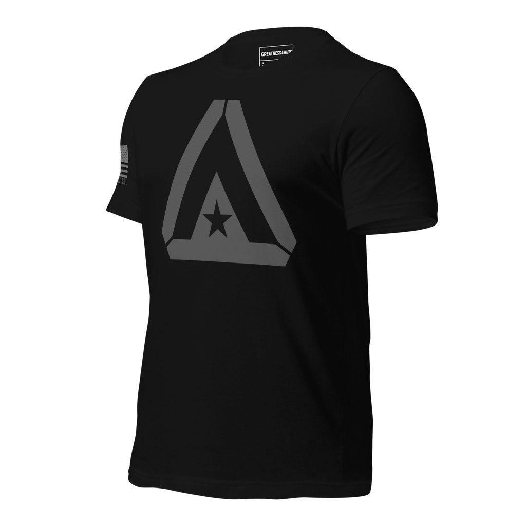 Black t-shirt front with a large grey DIA logo and grey American flag on sleeve.