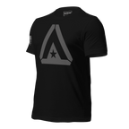 Black t-shirt front with a large grey DIA logo and grey American flag on sleeve.