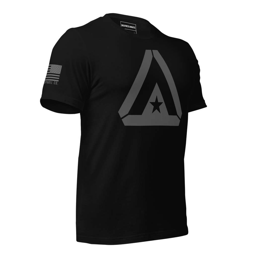 Black t-shirt front with grey DIA logo and grey American flag on sleeve.