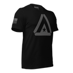 Black t-shirt front with grey DIA logo and grey American flag on sleeve.