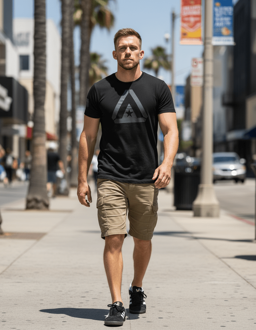 Man walking on city sidewalk wearing black t-shirt front with a large grey DIA logo and grey American flag on sleeve.