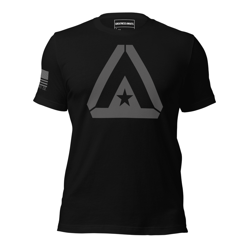 Black t-shirt front with large grey DIA logo and grey American flag on sleeve.