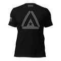 Black t-shirt front with large grey DIA logo and grey American flag on sleeve.