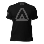 Black t-shirt front with large grey DIA logo and grey American flag on sleeve.