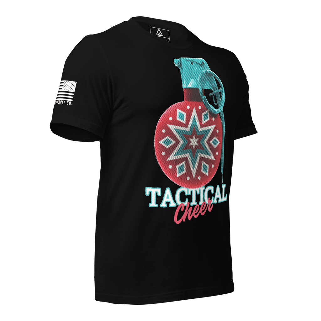 Black t-shirt angled left featuring a red grenade ornament graphic, "TACTICAL Cheer" text, and a white American flag.