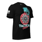 Black t-shirt angled left featuring a red grenade ornament graphic, "TACTICAL Cheer" text, and a white American flag.