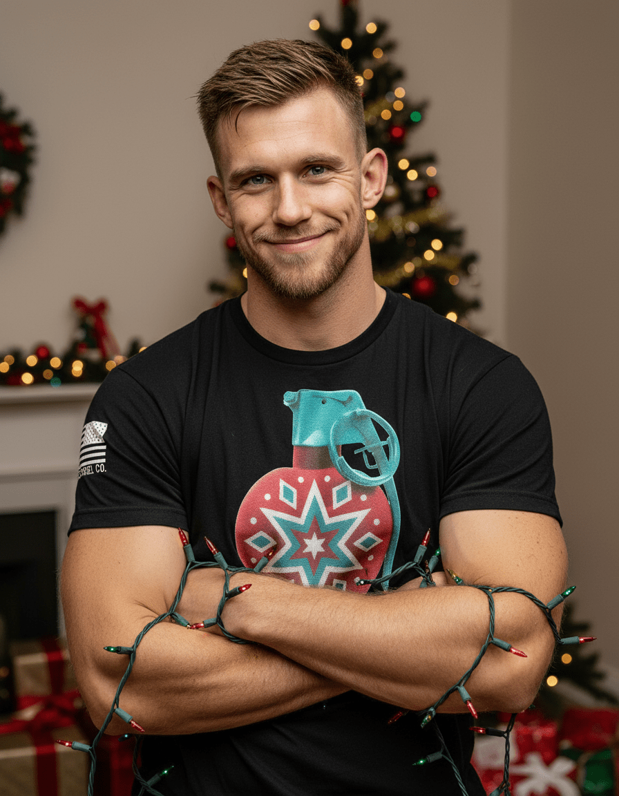 Man with blonde hair by a Christmas tree wearing a black t-shirt with a red grenade ornament graphic.