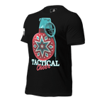 Black t-shirt angled right featuring a red grenade ornament graphic, "TACTICAL Cheer" text, and a white American flag.