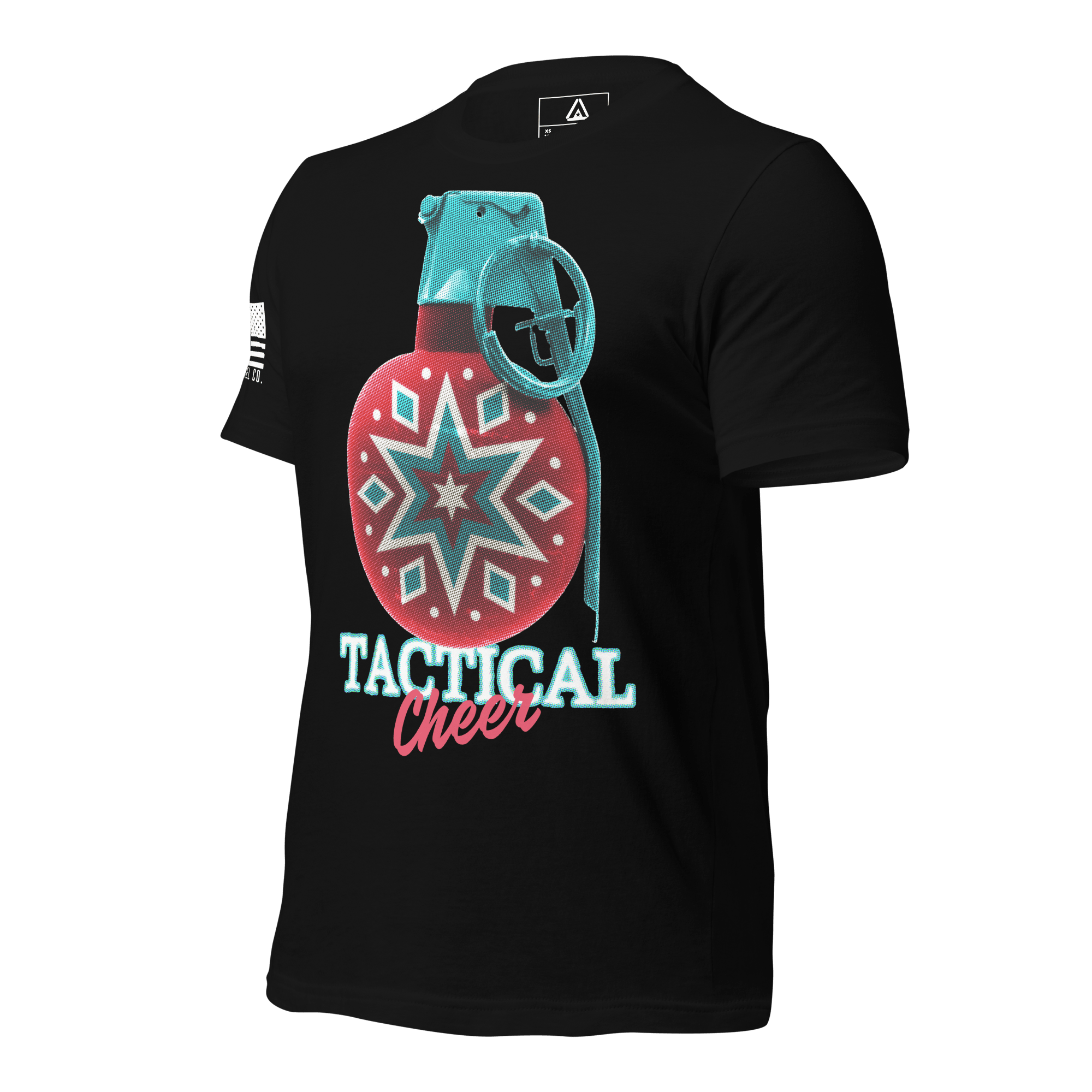Black t-shirt angled right featuring a red grenade ornament graphic, "TACTICAL Cheer" text, and a white American flag.