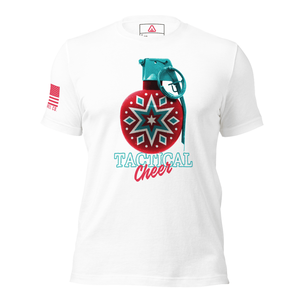 White t-shirt featuring a red grenade ornament graphic with "TACTICAL Cheer" text and a red American flag on the sleeve.