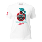 White t-shirt featuring a red grenade ornament graphic with "TACTICAL Cheer" text and a red American flag on the sleeve.
