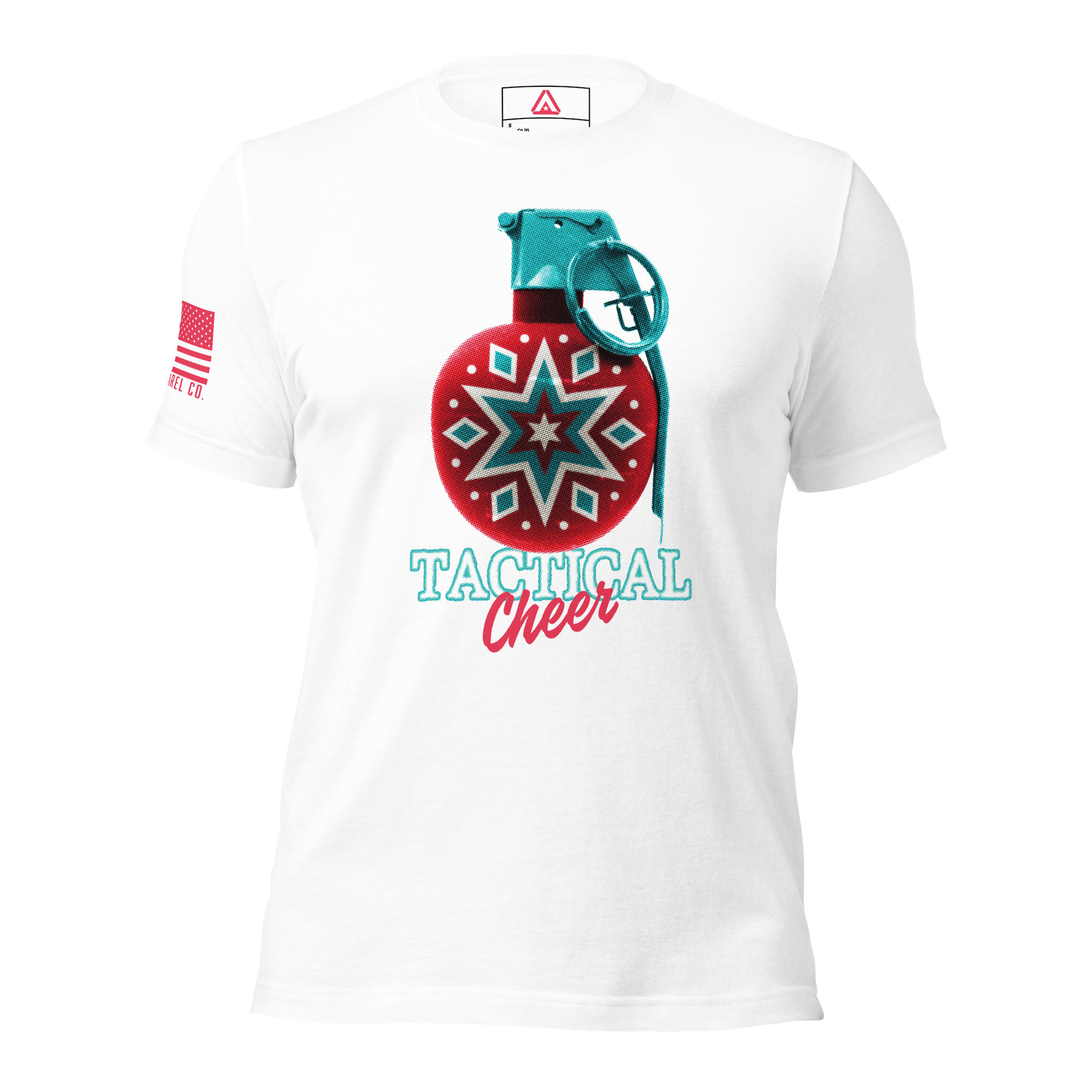 White t-shirt featuring a red grenade ornament graphic with "TACTICAL Cheer" text and a red American flag on the sleeve.