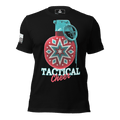 Black t-shirt featuring a red grenade ornament graphic with "TACTICAL Cheer" text and a white American flag on the sleeve.
