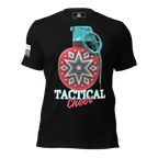 Black t-shirt featuring a red grenade ornament graphic with "TACTICAL Cheer" text and a white American flag on the sleeve.