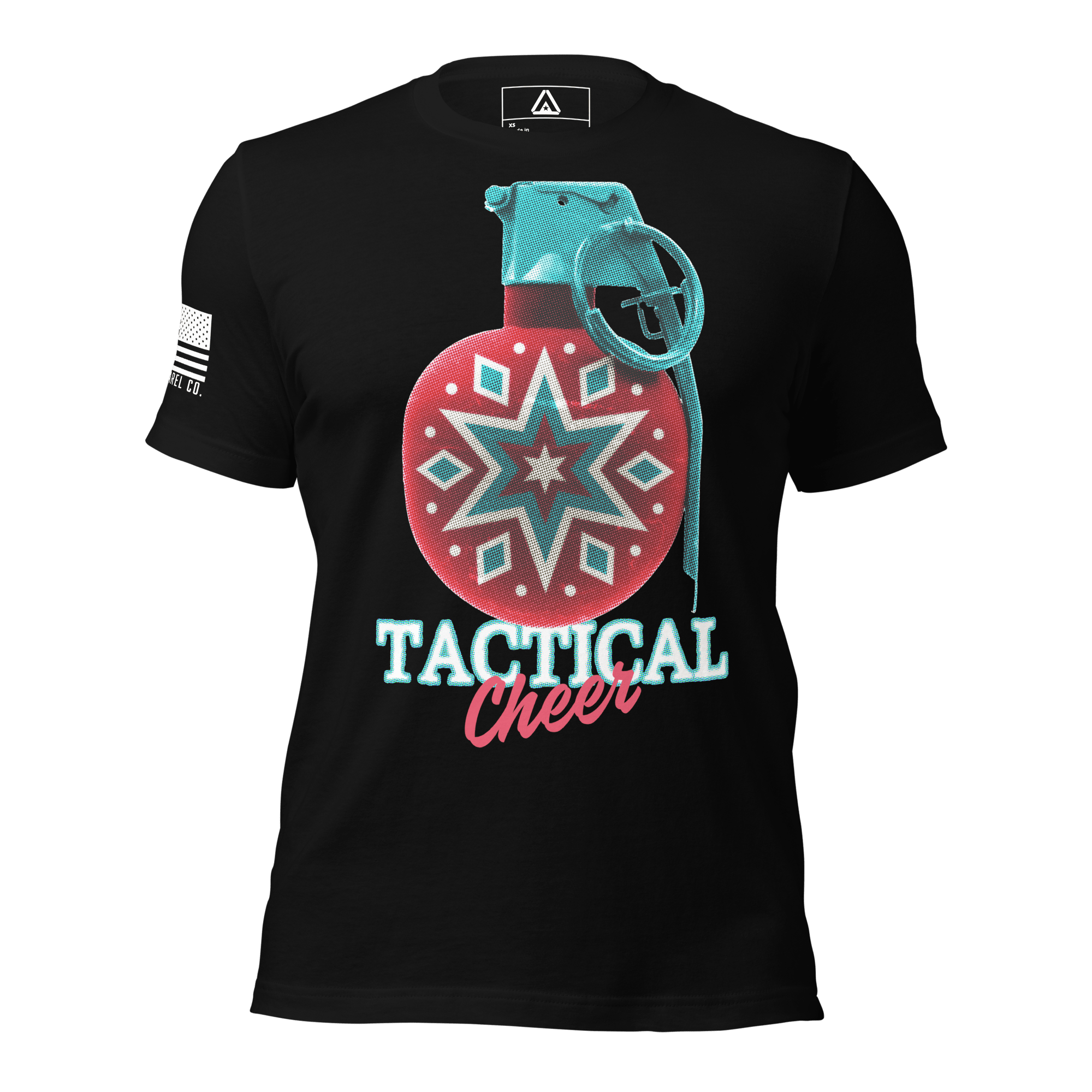 Black t-shirt featuring a red grenade ornament graphic with "TACTICAL Cheer" text and a white American flag on the sleeve.