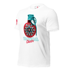 White t-shirt angled right featuring a red grenade ornament graphic and a red American flag on the sleeve.