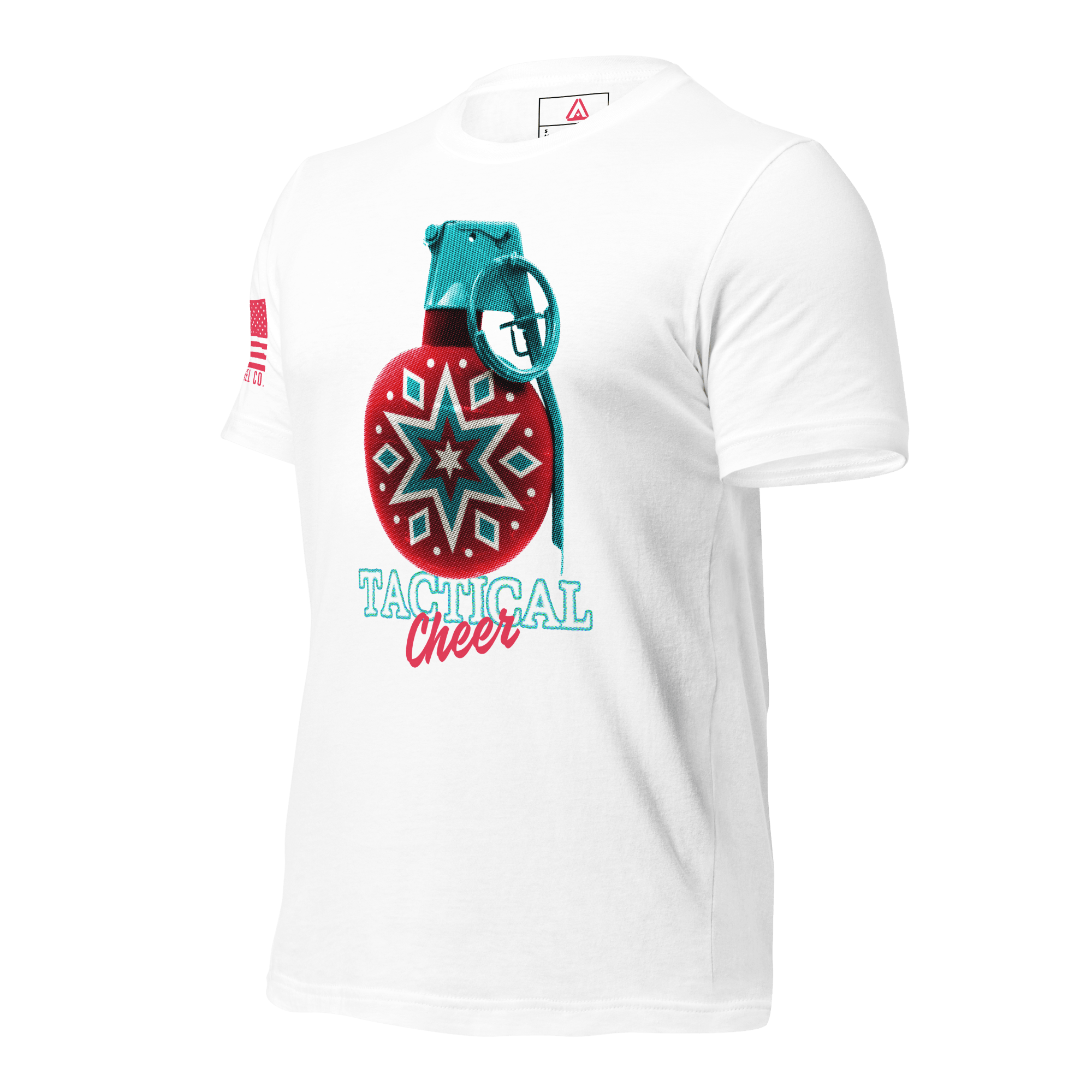 White t-shirt angled right featuring a red grenade ornament graphic and a red American flag on the sleeve.