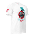 White t-shirt angled left featuring a red grenade ornament graphic, "TACTICAL Cheer" text, and a red American flag.